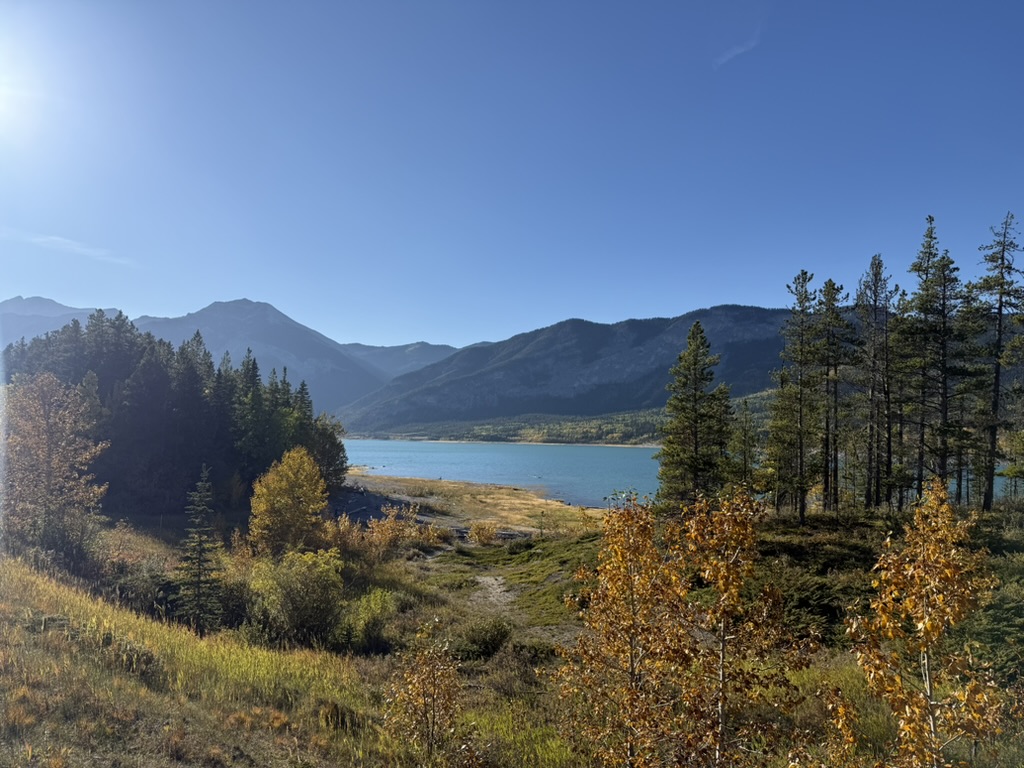 Blue water at Barrier Lake surrounded by forested mountains and golden autumn foliage beneath a clear sky.